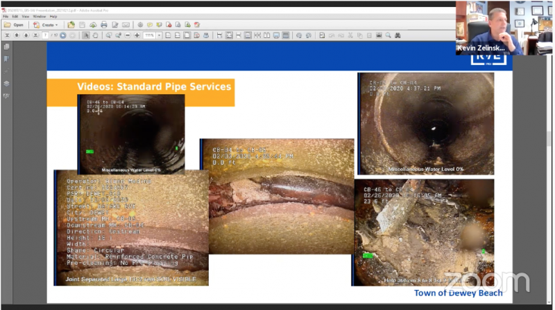Stormwater pipes and catch basins were televised to review their condition. Structures visible in the top left and right are in good condition. A wedged bottle is visible in the bottom left and middle photos, and the pipe depicted in the lower right is partially collapsed with debris. IMAGES SCREENSHOT FROM REMINGTON AND VERNICK ENGINEERS PRESENTATION